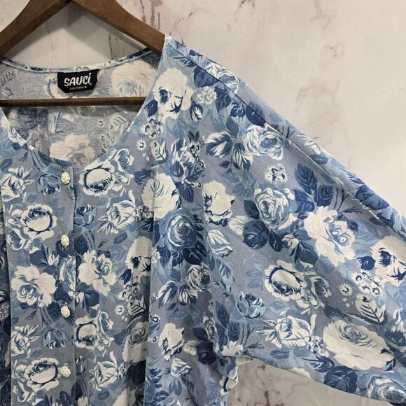 Vintage Shirt Womens Large 80s 90s Blue White Floral Tee Button Flower Buttons - Picture 14 of 15